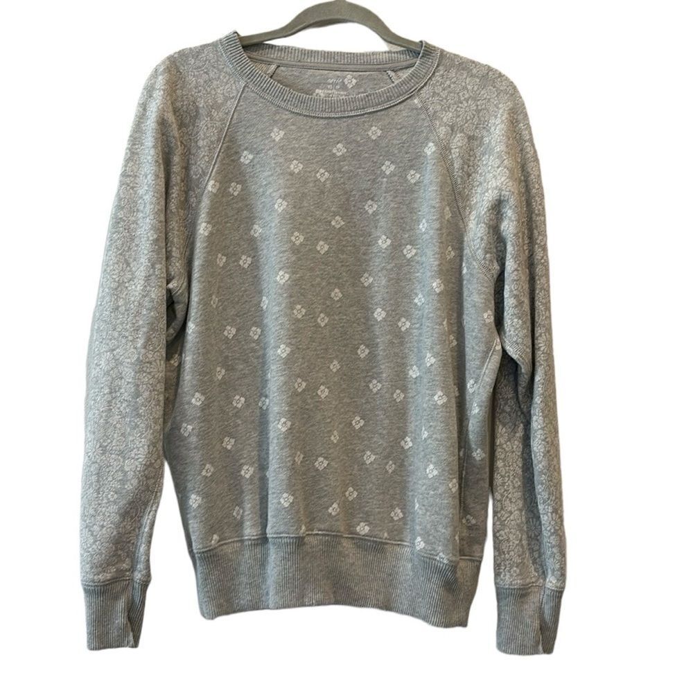 Aerie Gray Crewneck W/White Flower Print Pullover Sweatshirt XS​​​​​​​​​ Boho